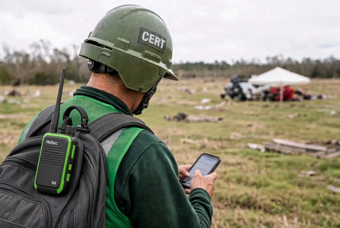 A CERT volunteer in a green helmet and vest checks a phone at a storm debris field, a mesh radio clipped to their backpack.